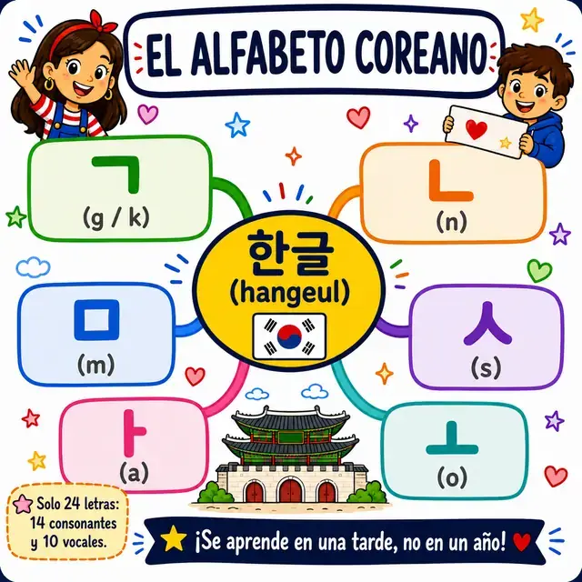 Mapa mental: el alfabeto coreano (hangul), solo 24 letras